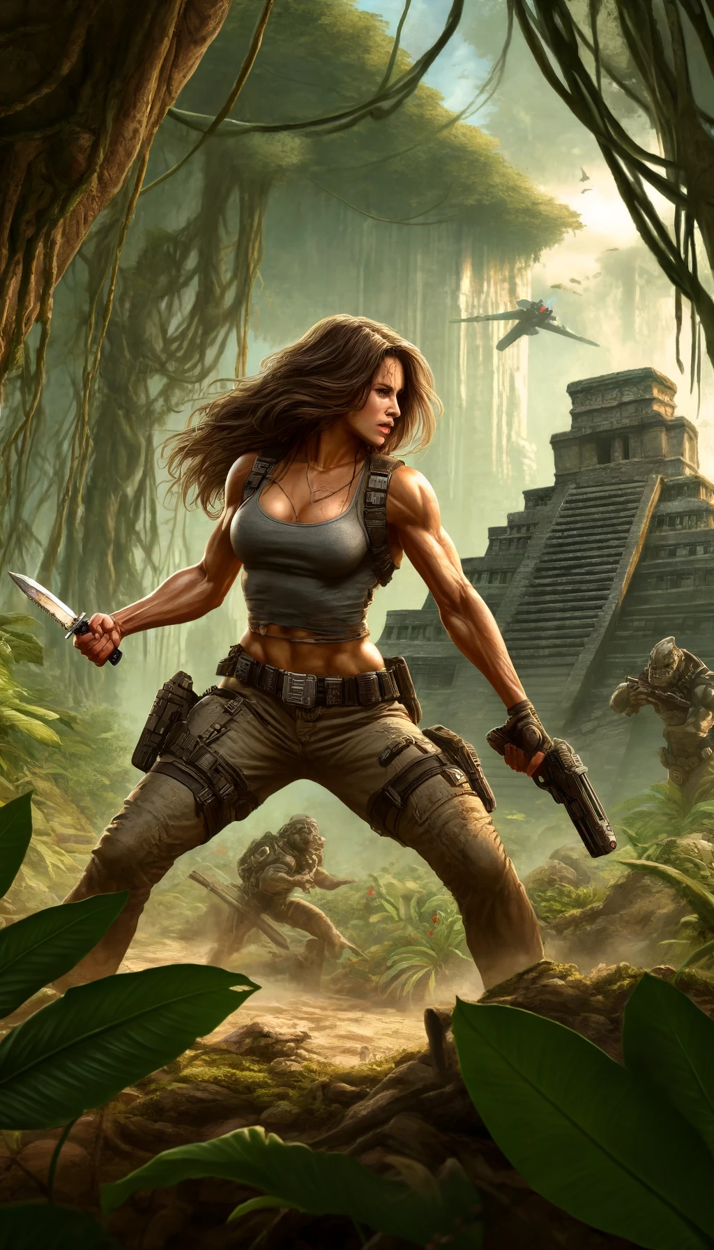 A Catachan Woman Fighter Fighting Aliens near Aztec like Pyramids
