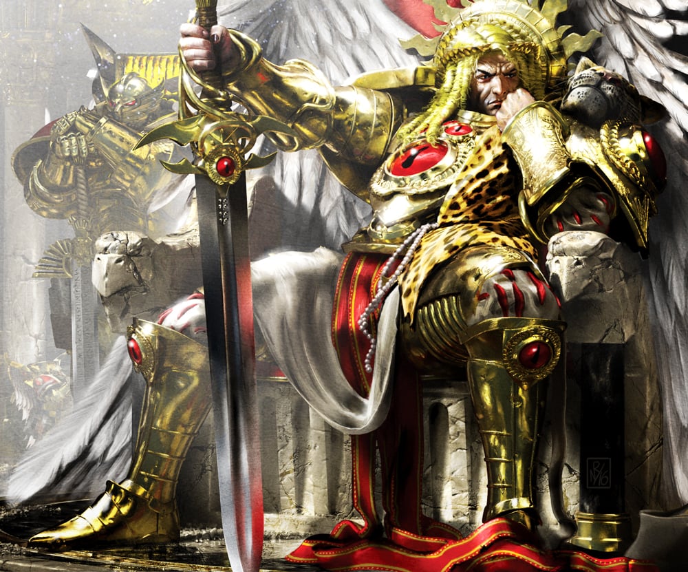 Sanguinius Sitting Down Pondering Gold and Red Artwork