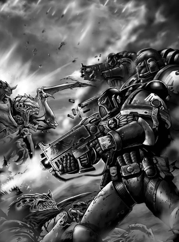 Space Marines Versus Tyranids Black &amp; White Art