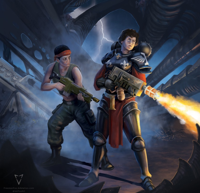 Battle Sister and Catachan, Ripley and Vasquez from Aliens