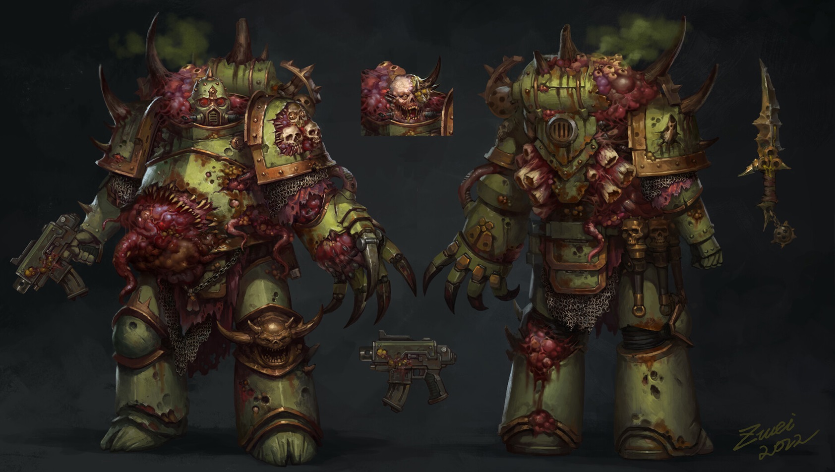 Death Guard Plague Marines Showcasing their Decayed Armor, Plague Bolters, and Knives