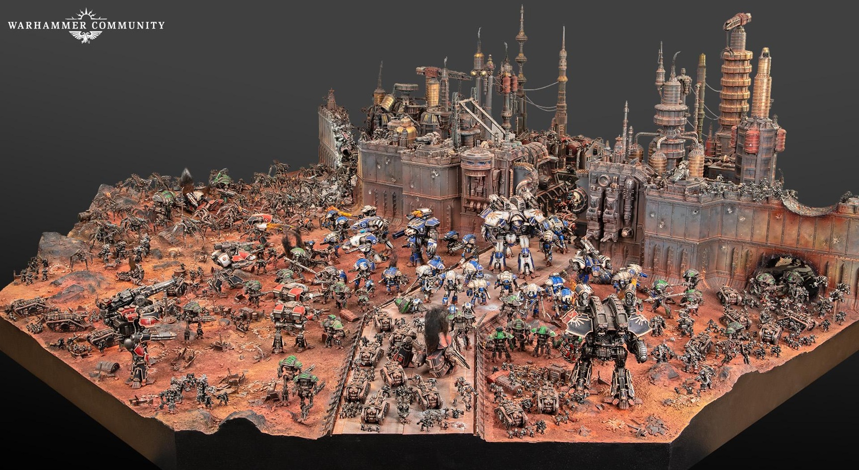 Adeptus Mechanicus-aligned Imperial Knights Versus a Sprawling tide of Chaos Forces Diorama