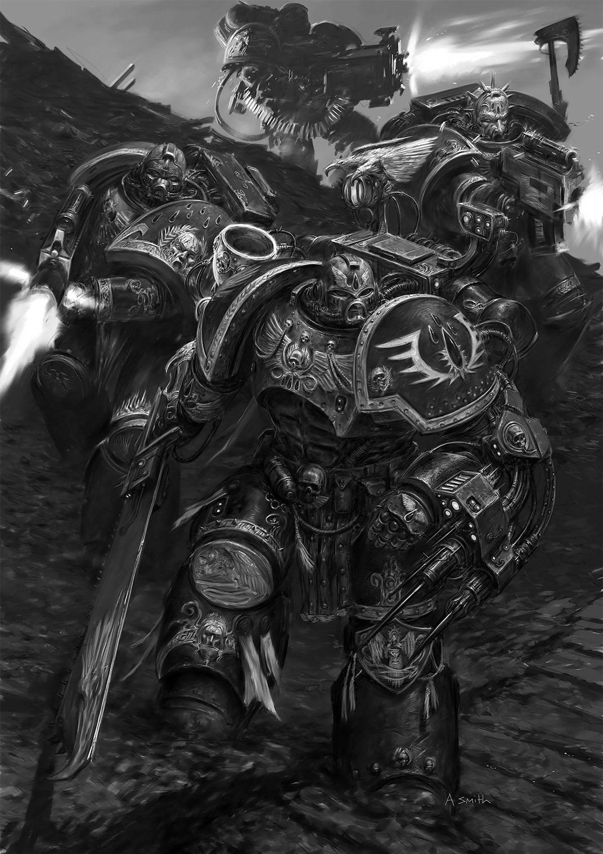 Blood Angels Space Marines Fighting in a Grim Battlefield
