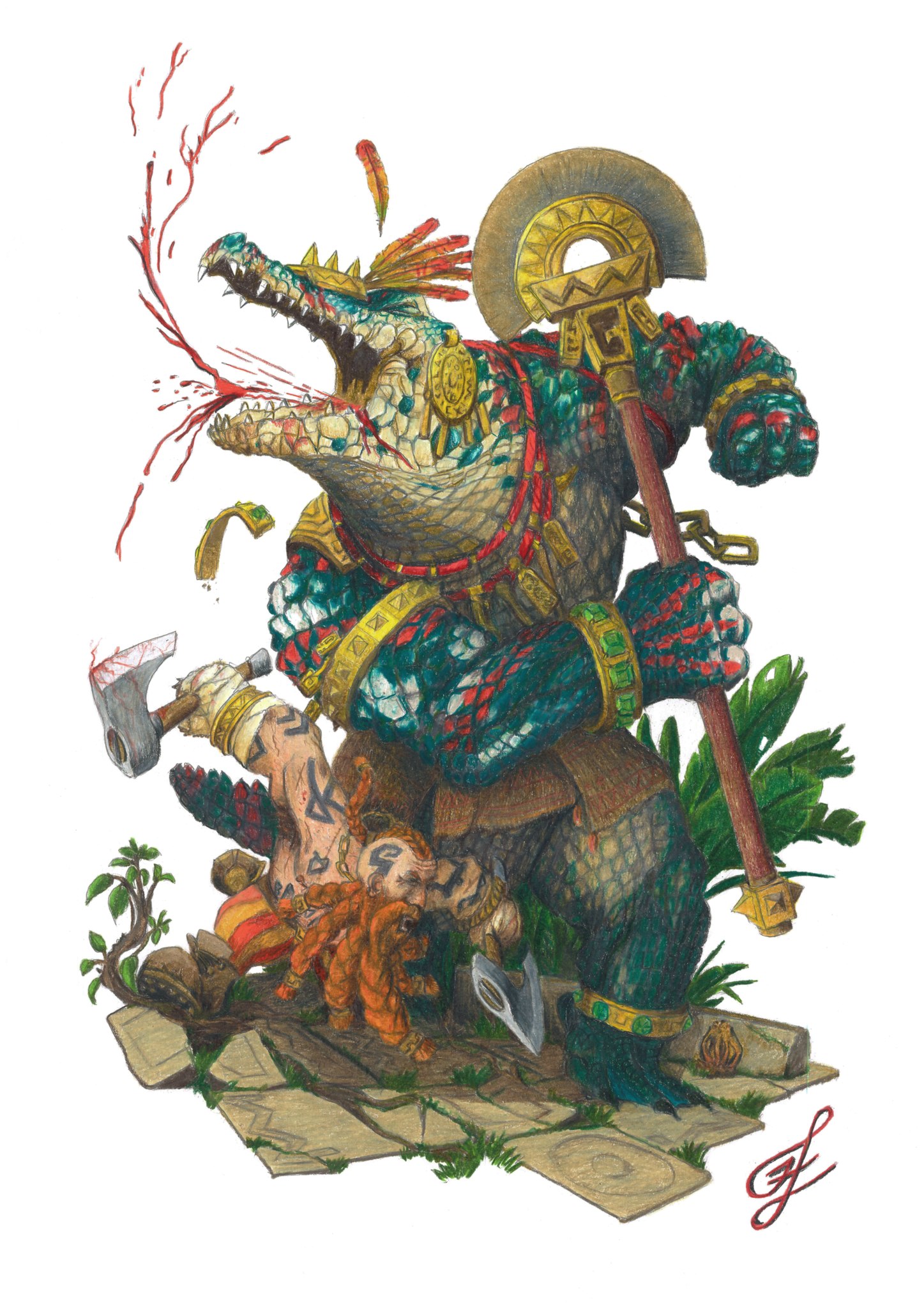 Lustrian Kroxigor and Dwarven Slayer Warhammer Fantasy