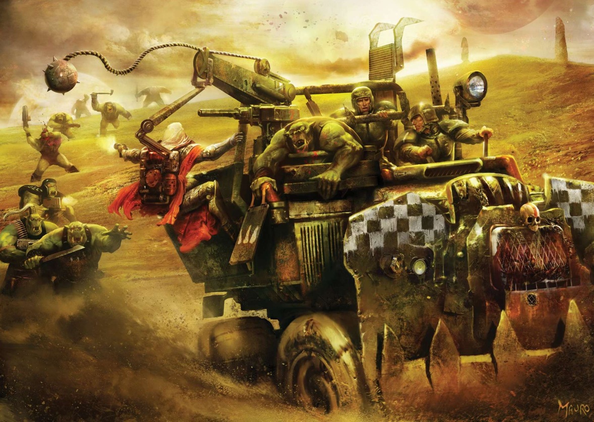 Cadians in a Warbuggy and Orks
