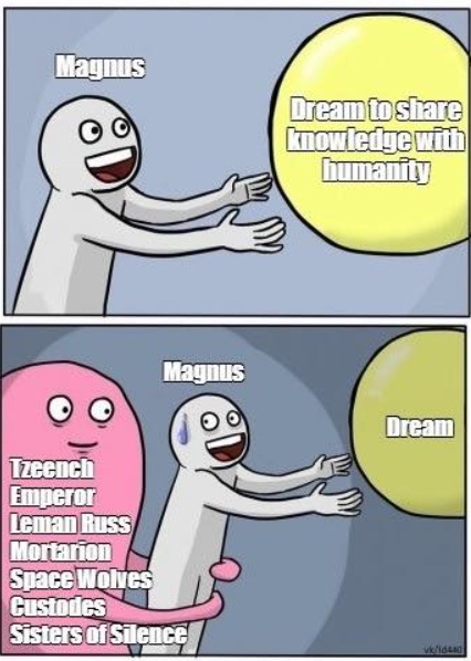 Magnus is dream to share knowledge, while....Warhammer Meme