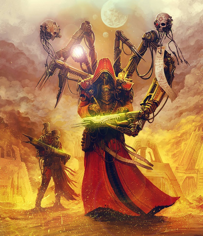Tech-Priest Under Dramatic Moonlit Sky Artwork