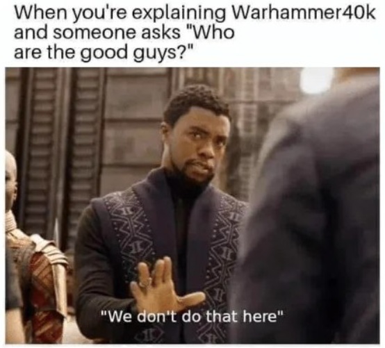 Someone asks "Who are the good guys?" in Warhammer 40k