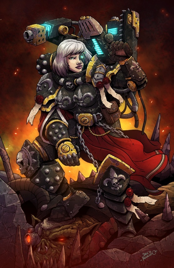 Adepta Sororitas Standing Victoriously Over a Defeated Ork