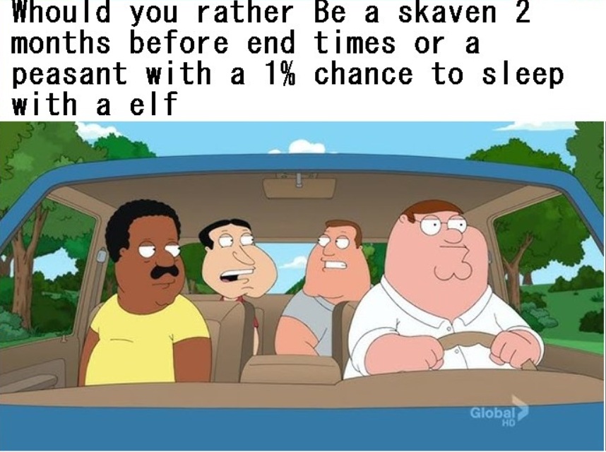 A chance to nuke the chaos waste or a peasant from Bretonnian....Family Guy & Warhammer Meme