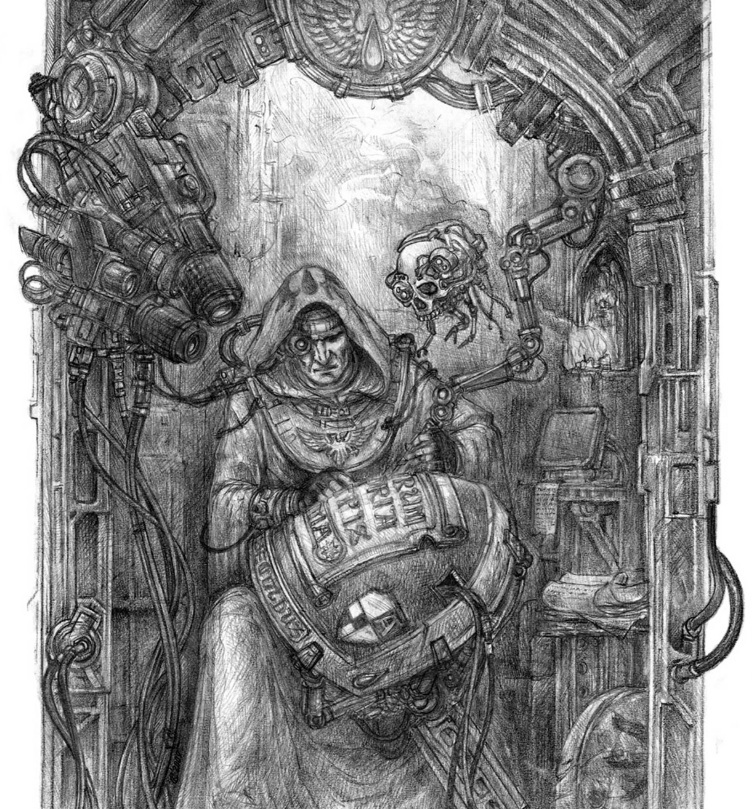 Tech-Priest Working on a Piece of Space Marine Power Armor
