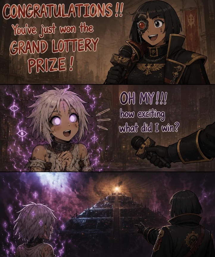 You won an all expense paid cruise on a black ship! Warhammer meme