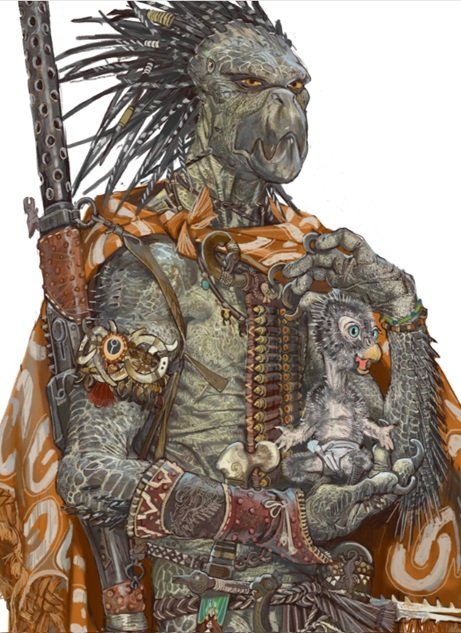 Detailed Kroot Hunter with Baby Kroot Warhammer 40k Art