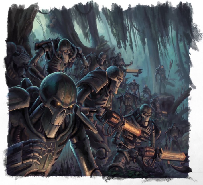 Necron Warriors Marching through a Swamp