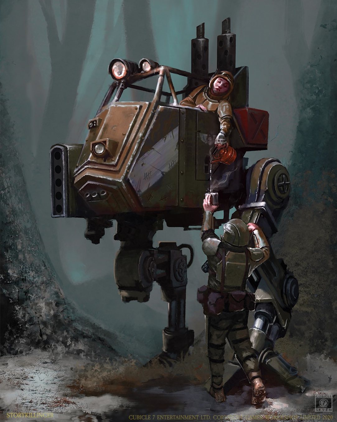 Imperial Guardsman in Scout Sentinel Giving Coffee to Cadian Guardsman