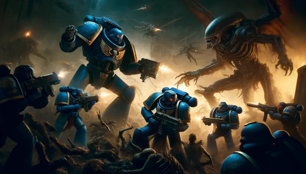 Ultramarines Space Marines vs Tyranids Battle Scene Artwork