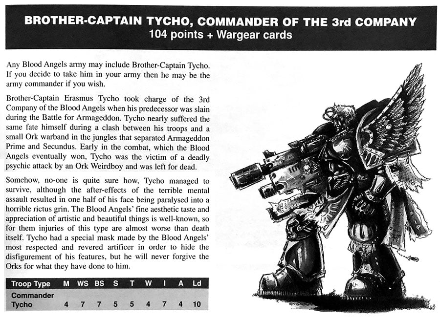 Blood Angels Captain Tycho Awesome Drawing with Stats of how Powerful he is