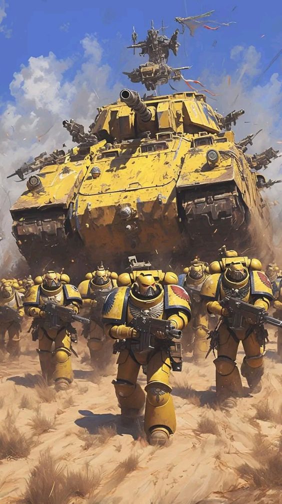 Imperial Fists Space Marines Running in Front of Baneblade