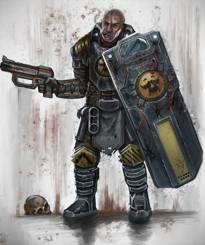 Palanite Enforcers Necromunda with a Enforcer Shield Artwork