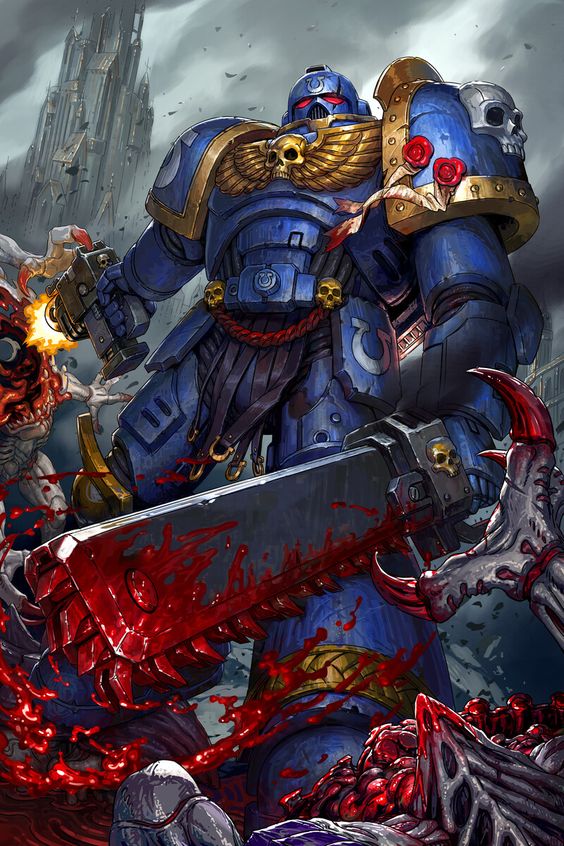 Ultramarine with his Chainsword and Gun fighting Tyranids