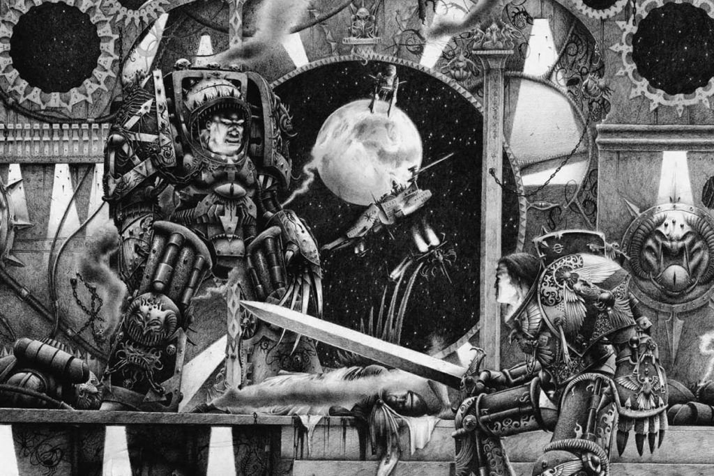 Horus Versus the Emperor of Mankind Oldhammer Black & White Artwork