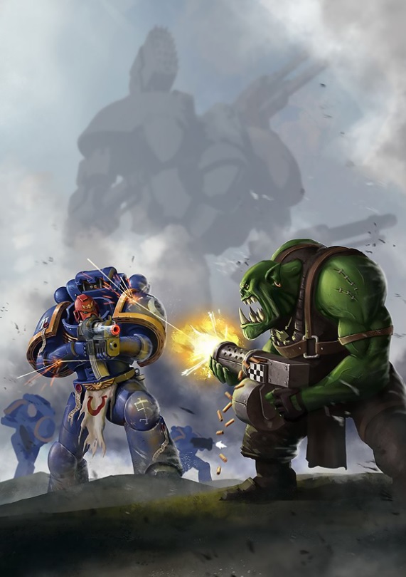 Ultramarine Space Marine in Fierce Firefight with Ork Warrior