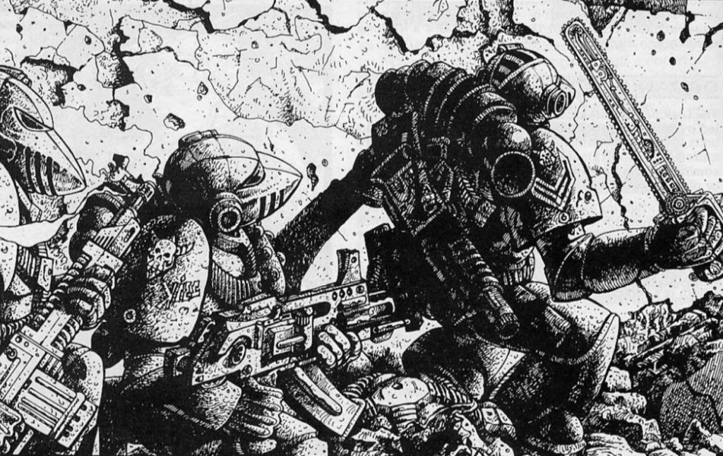 Oldhammer Style Space Marines in Combat Illustration