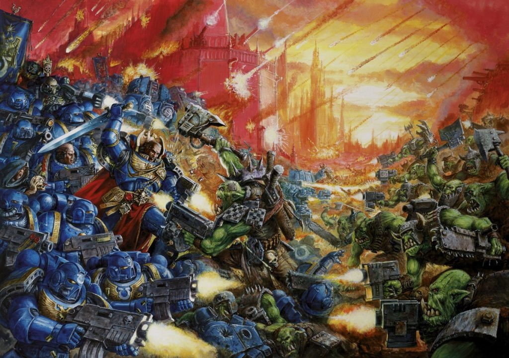 Epic Clash: Ultramarines vs Orks in Oldhammer Art