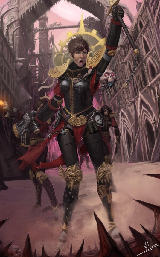 Warhammer 40k Sisters of Battle Leading Charge in Gothic Ruins