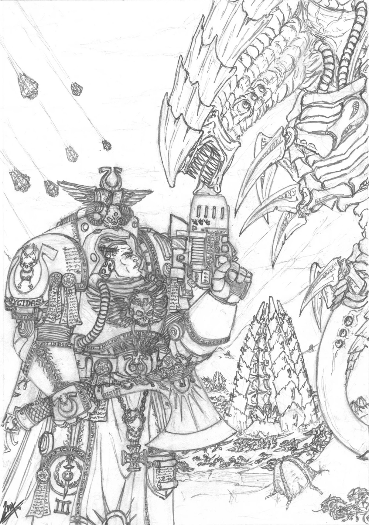 Deathwatch Space Marine and Tyranid Sketch