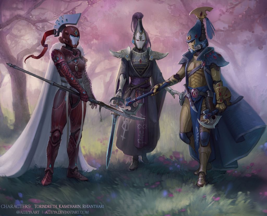 Aeldari Warriors: Grace, Wisdom, and Leadership in Warhammer 40k Artwork