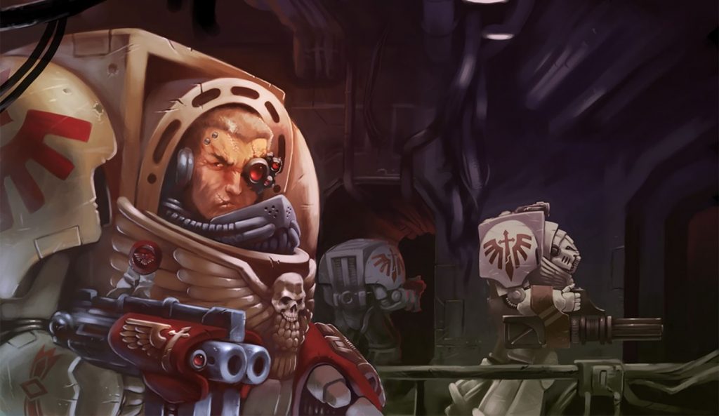 Deathwing Space Marine Terminators Advancing into a Spacecraft