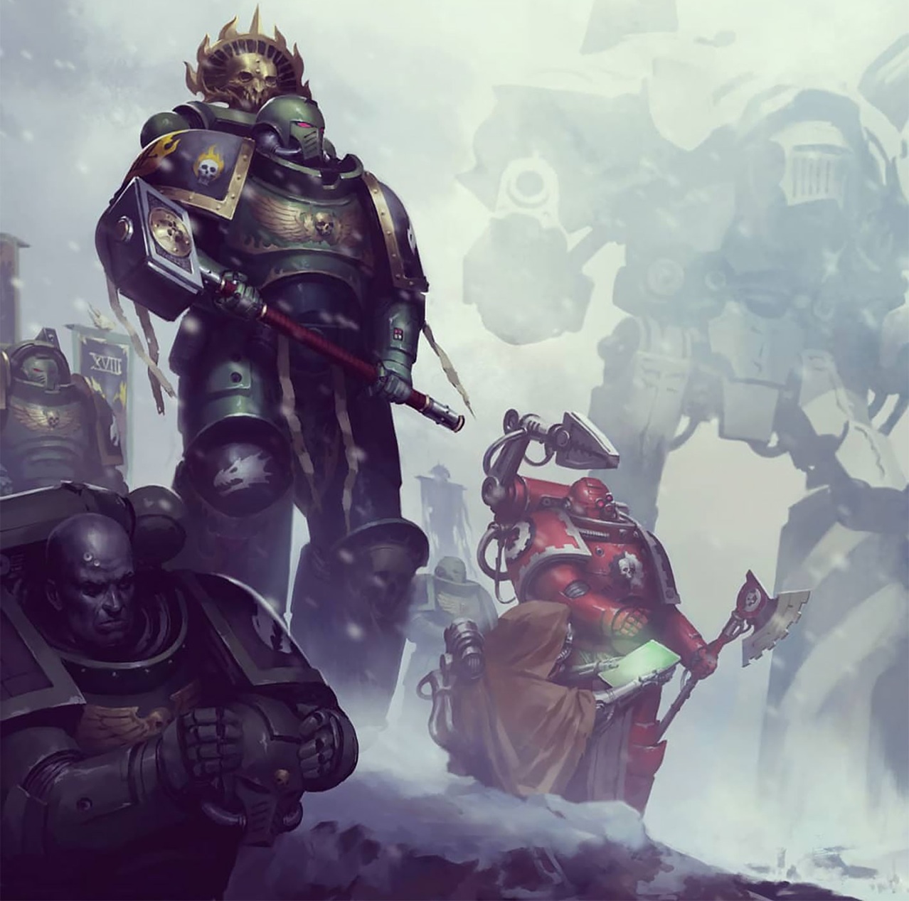 Salamanders Space Marines and Techmarine Epic Artwork