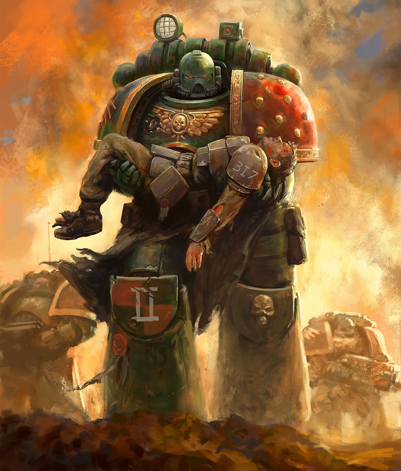 Dark Angel Space Marine Holding a Fallen Imperial Guardmen