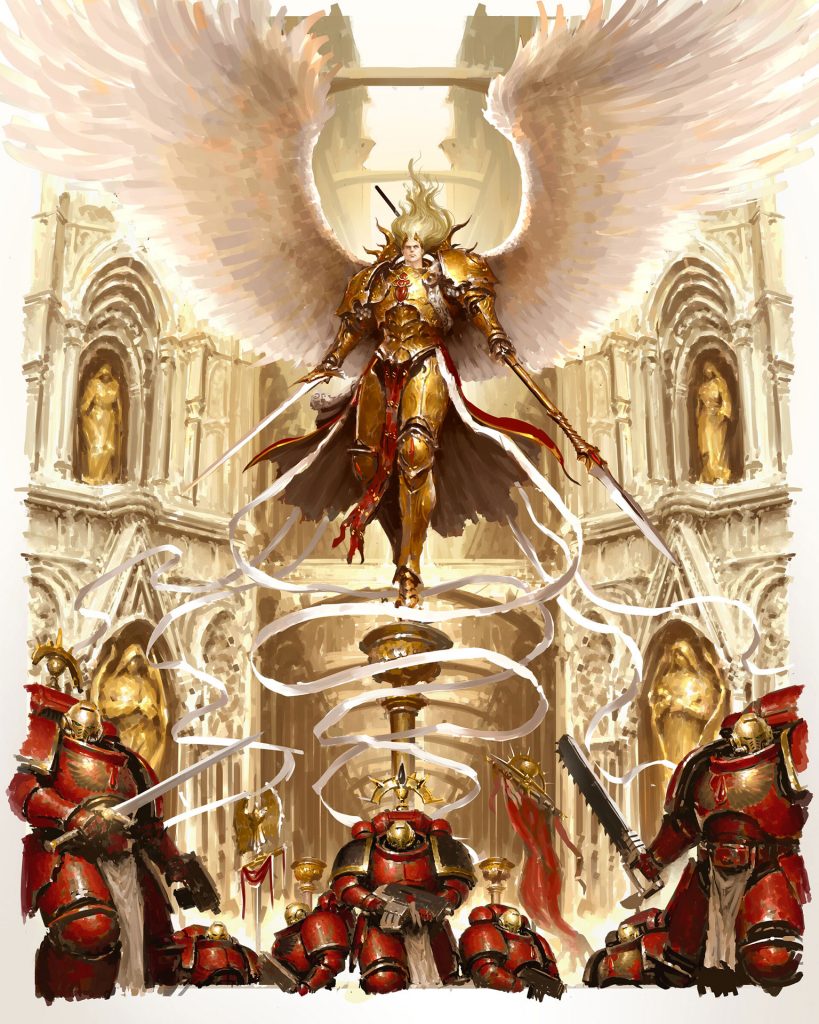 Sanguinius Looking Angelic and Surrounded by Blood Angels