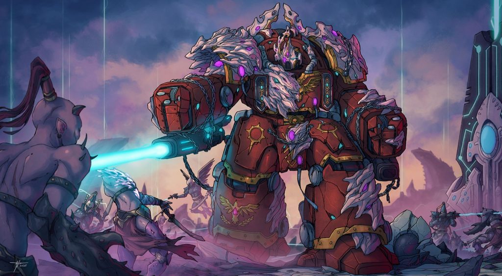 Zhirayr in Wraithbone-Repaired Centurion Warsuit Versus Slaanesh Daemons, Fan Character