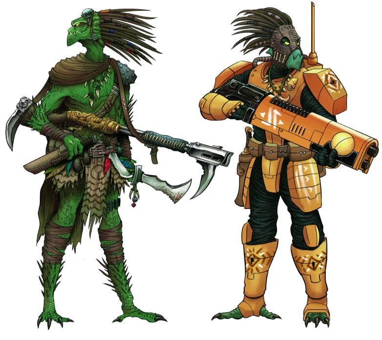 Kroot Carnivore and Kroot Shaper in T’au Combat Armor