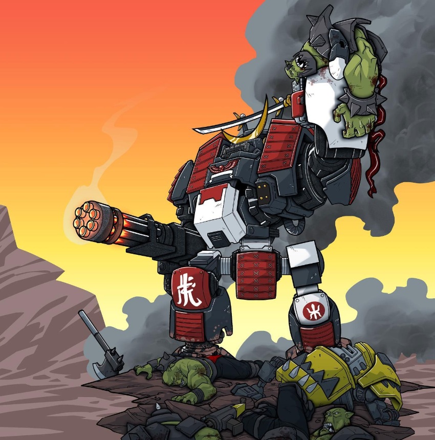 Red Ronin Dreadnought Defeating Orks, Fan-Created Theme