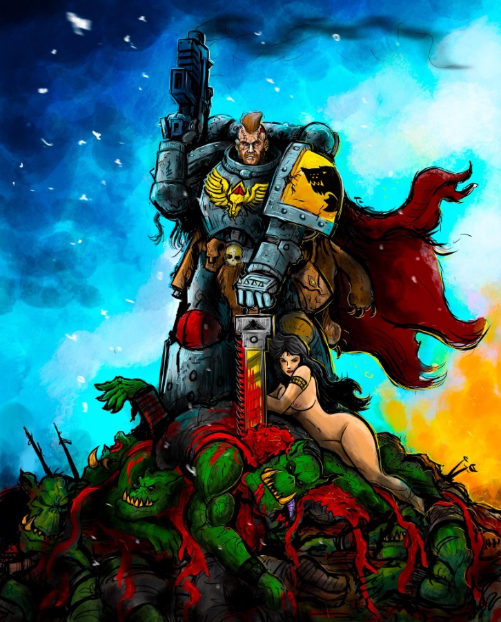 Space Wolf the Barbarian Stands Over Slain Orks