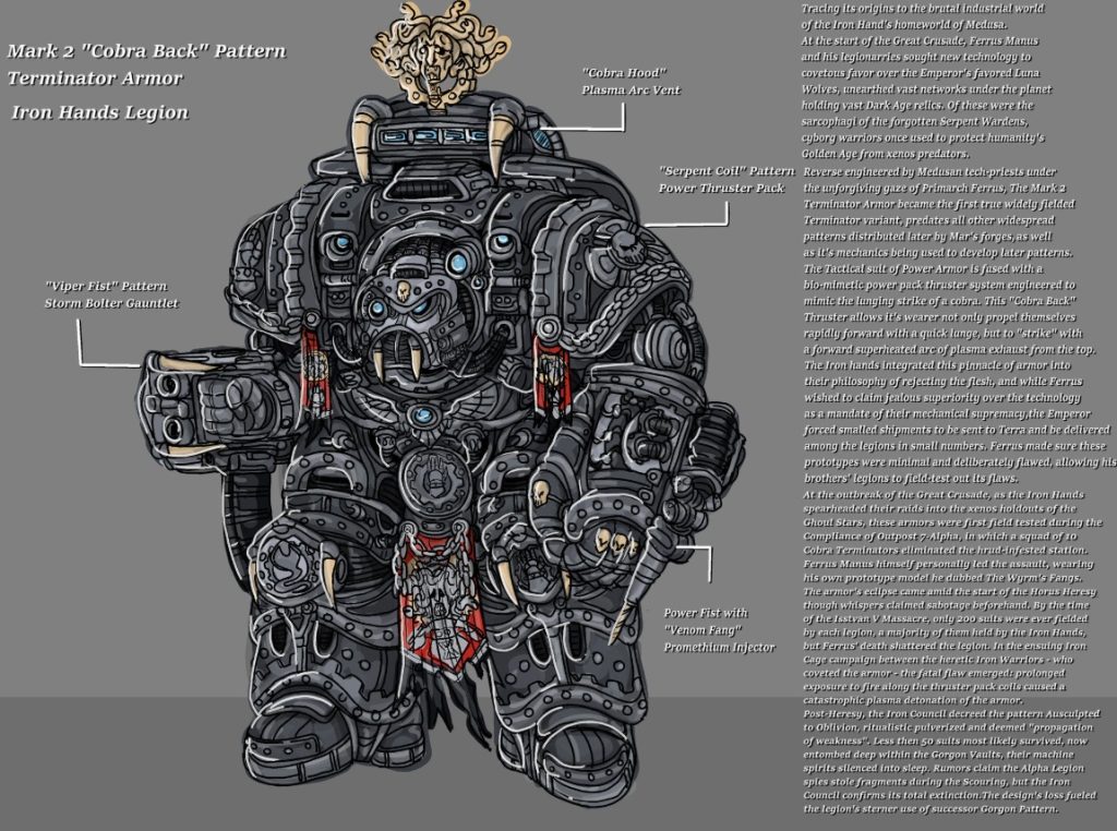Mark 2 “Cobra Back” Pattern Terminator Armour, Iron Hands Legion